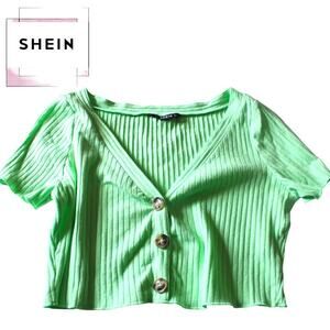 Shein Green V-neck Short Sleeve Ribbed Crop Top ~ size Large, Pre-Loved